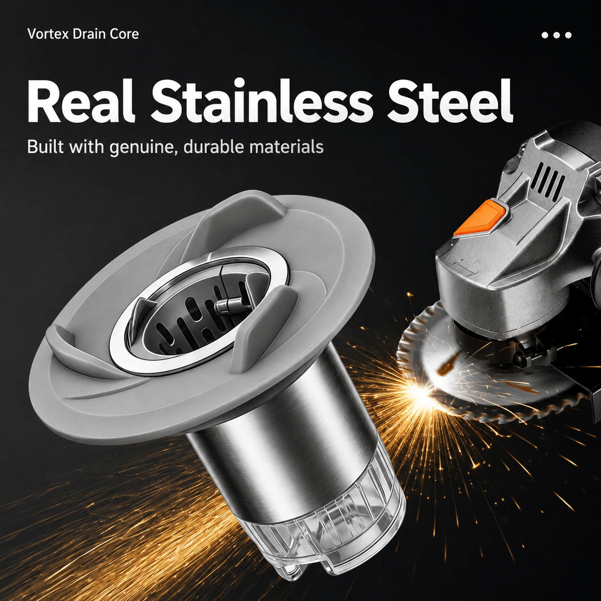MagClean drain insert beside a metal-cutting wheel, highlighting its stainless-steel body