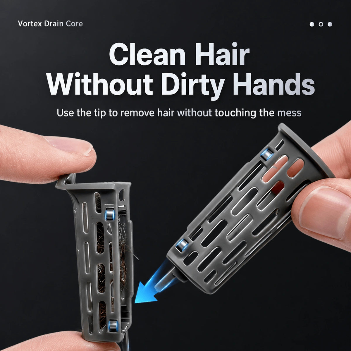 Hands opening the magnetic centre collector and using one half to slide captured hair away