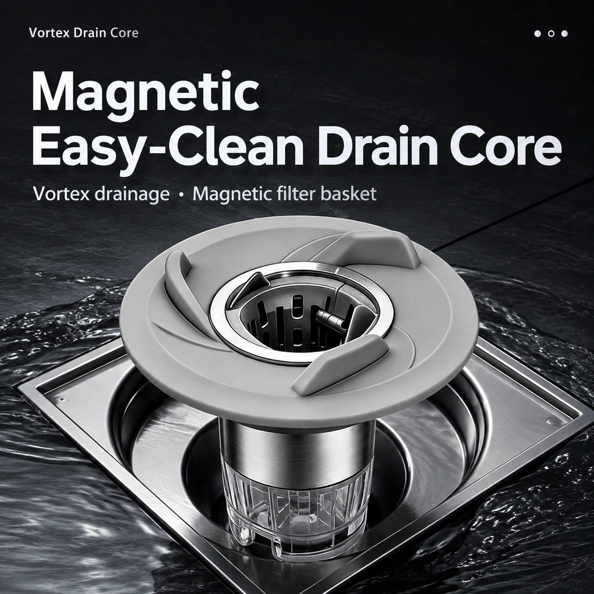 MagClean shower drain insert with a magnetic centre collector and three curved flow guides