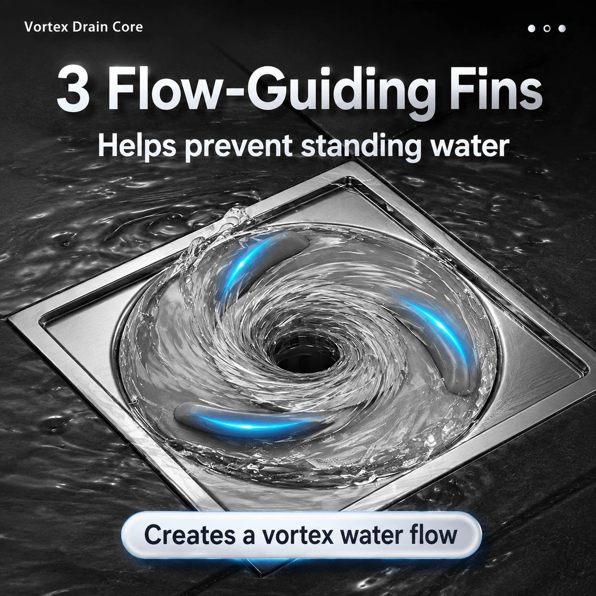 Water flowing around the three curved MagClean guides toward the centre drain opening
