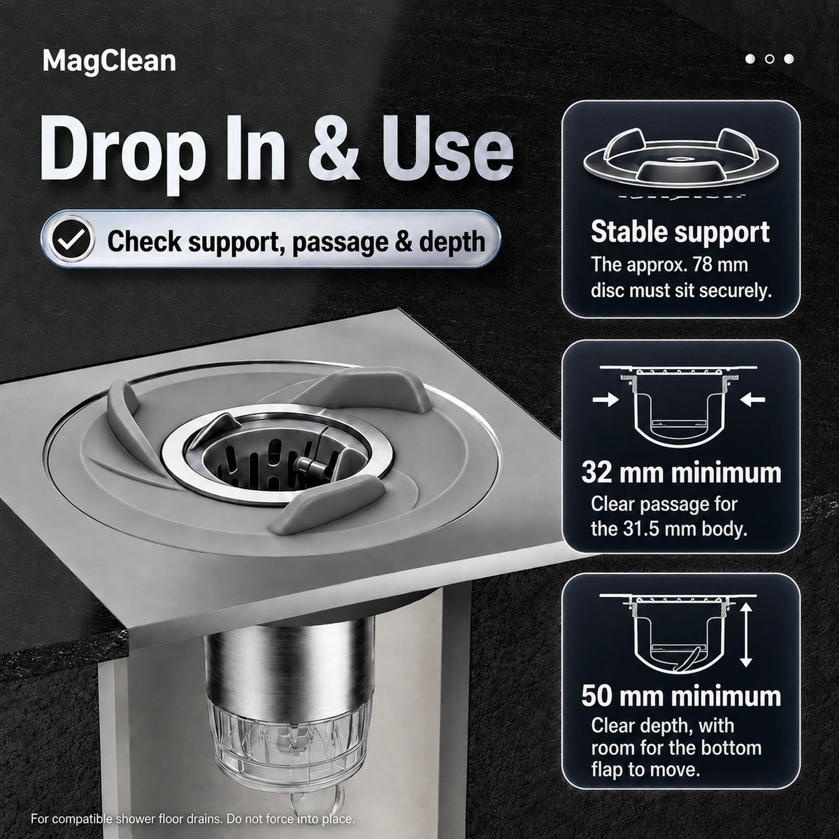 MagClean fit check: stable support for the approx. 78 mm disc, at least 32 mm clear passage and 50 mm clear depth, with room for the bottom flap to move.