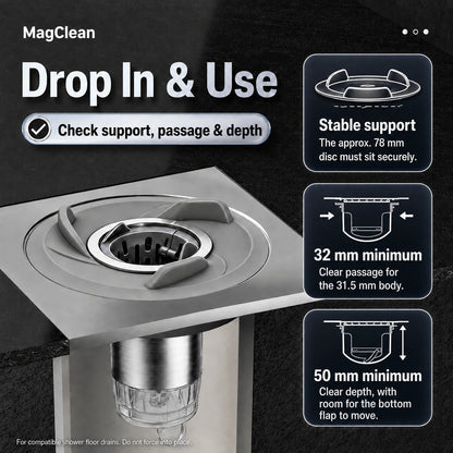 MagClean fit check: stable support for the approx. 78 mm disc, at least 32 mm clear passage and 50 mm clear depth, with room for the bottom flap to move.