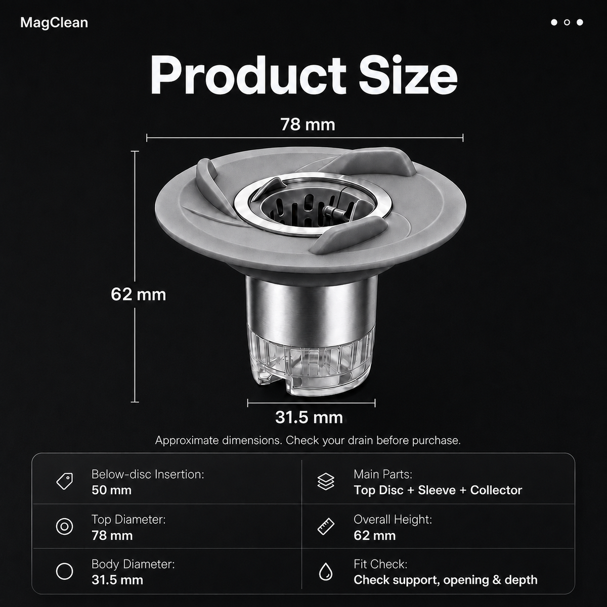 MagClean dimensions: approx. 78 mm top disc, 62 mm overall height, 50 mm below-disc insertion and 31.5 mm body diameter.
