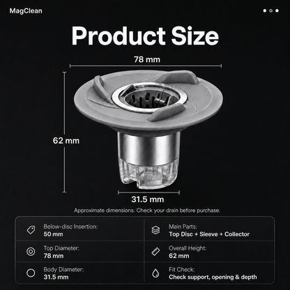 MagClean dimensions: approx. 78 mm top disc, 62 mm overall height, 50 mm below-disc insertion and 31.5 mm body diameter.